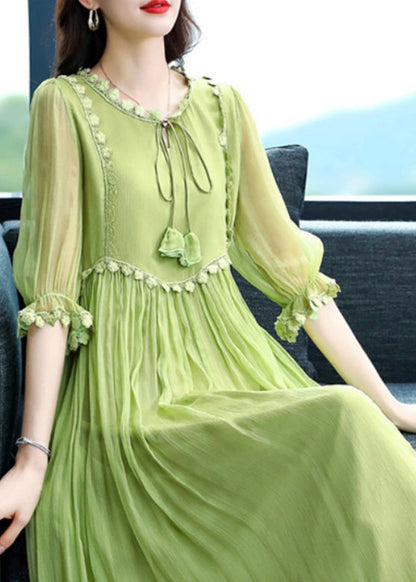 Pink O-neck Patchwork Wrinkled Silk Maxi Dress Summer