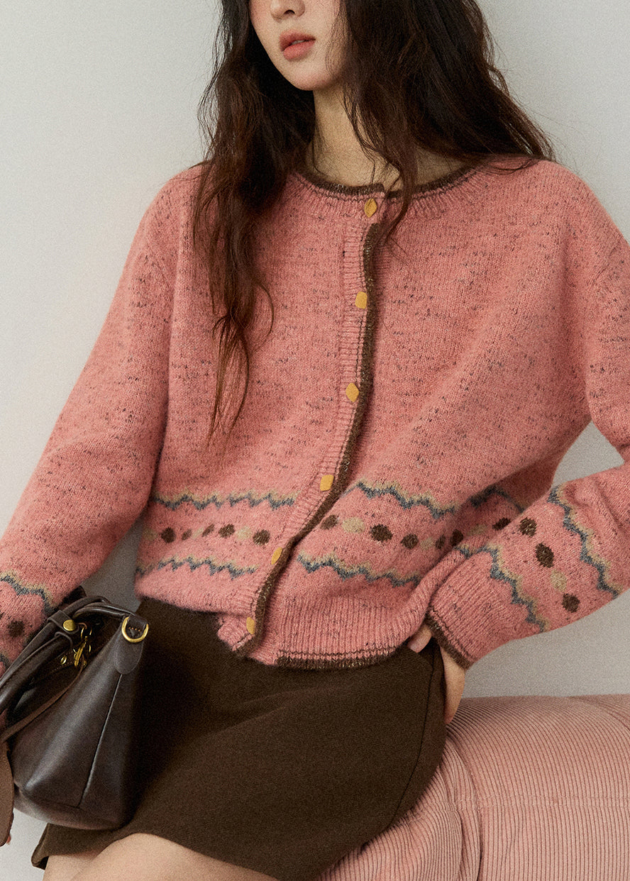 Pink O-neck Print Button Cotton Knit Cardigans Spring