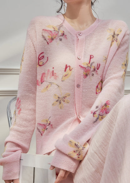 Pink O-neck Print Button Knit Cardigans Spring