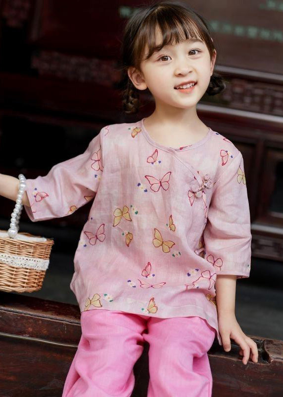 Pink O-neck Print Button Linen Shirt Summer