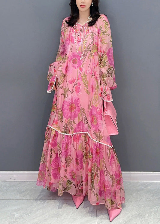 Pink O-neck Print Nail Bead Chiffon Maxi Dresses Long Sleeve