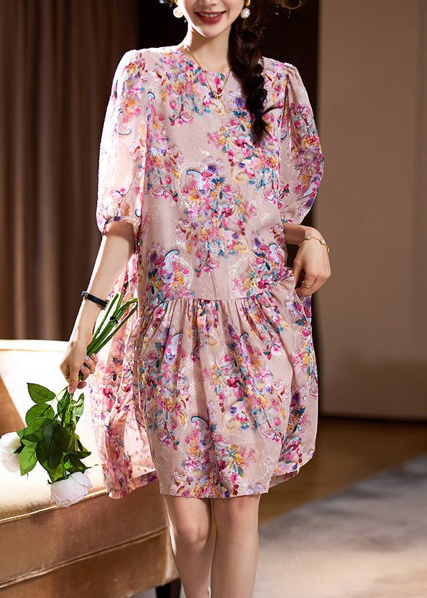 Pink O-neck Print Patchwork Mid Dresses Summer