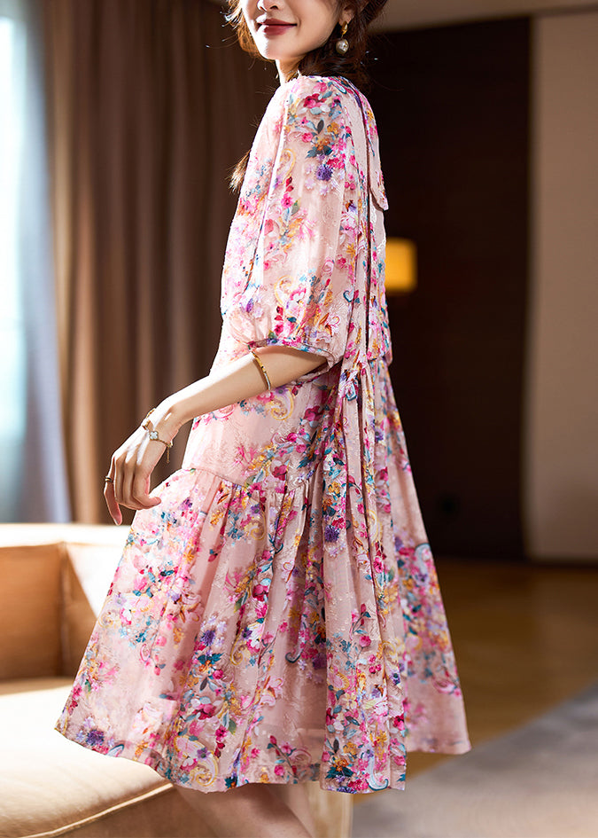 Pink O-neck Print Patchwork Mid Dresses Summer