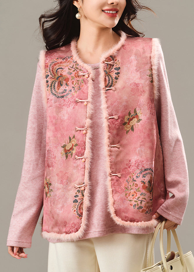 Pink O-neck Print Patchwork Mink Hair Waistcoat Winter