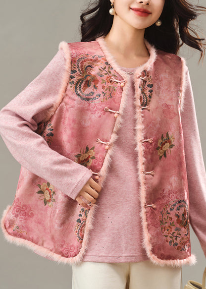 Pink O-neck Print Patchwork Mink Hair Waistcoat Winter