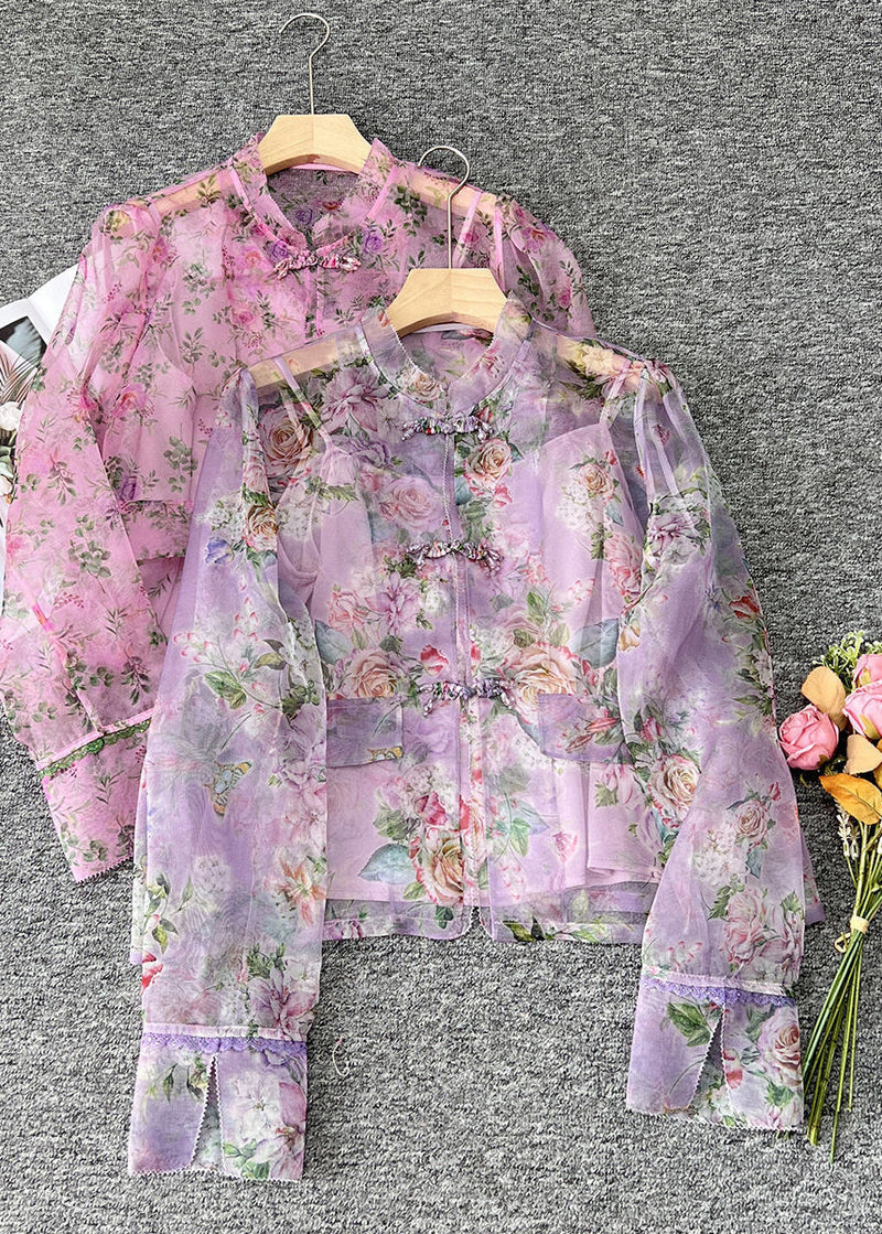 Pink O-neck Print Patchwork Organza Shirts Long Sleeve