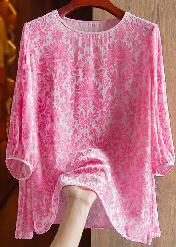 Pink O-neck Silk Velour Patchwork Chiffon T Shirt Fall