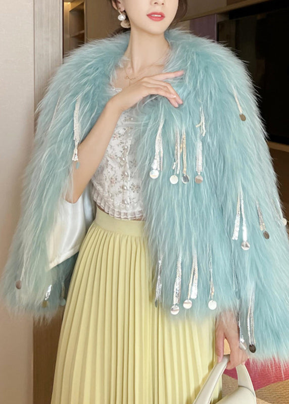 Pink O-neck Tassel Leather and Fur Coats Spring