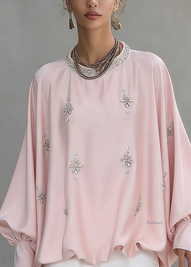 Pink O-neck Zircon Silk Shirt Spring