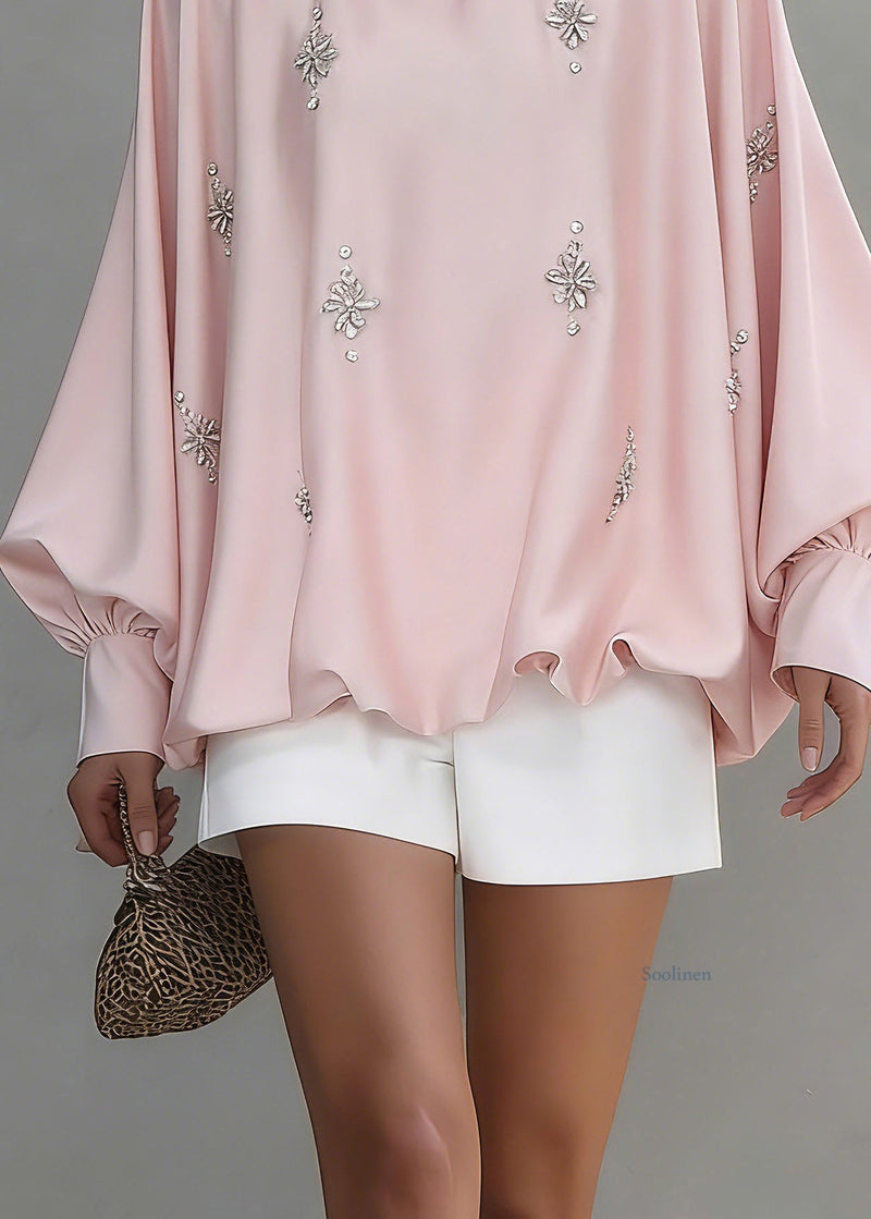 Pink O-neck Zircon Silk Shirt Spring
