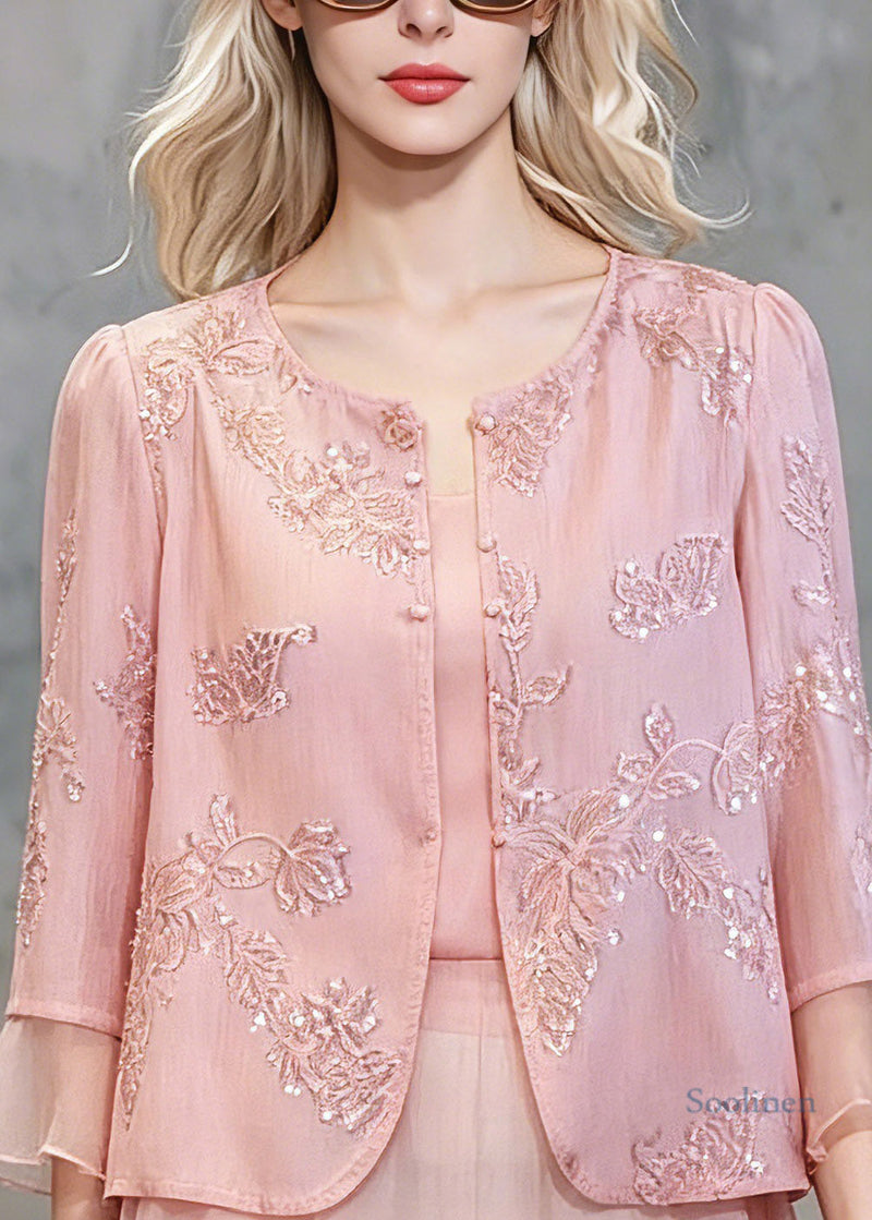 Pink Patchwork Button Fake Two-piece Chiffon Shirt Three Quarter Sleeve