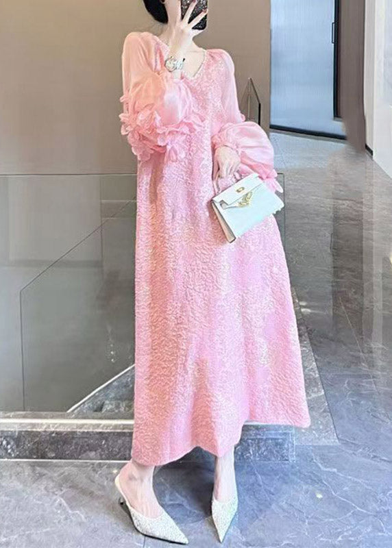 Pink Patchwork Long Dress V Neck Spring