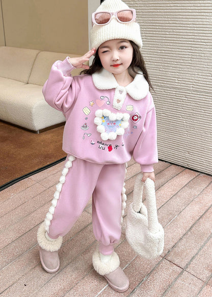 Pink Patchwork Warm Fleece Top and Lantern Pants Two Piece Set Winter