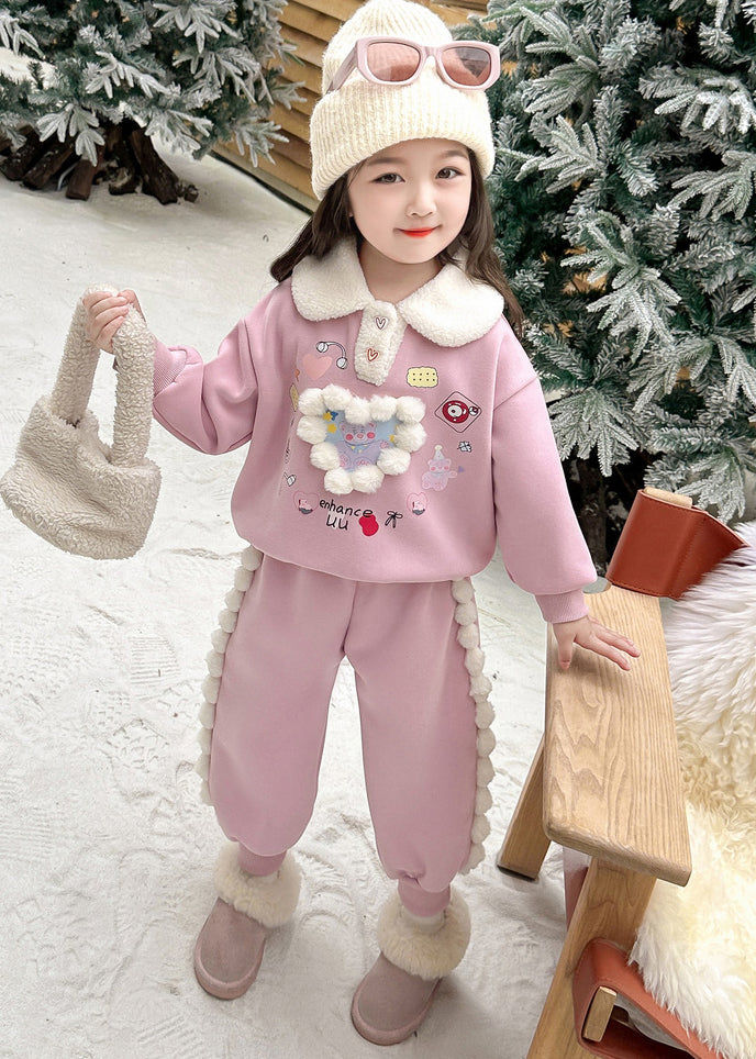 Pink Patchwork Warm Fleece Top and Lantern Pants Two Piece Set Winter