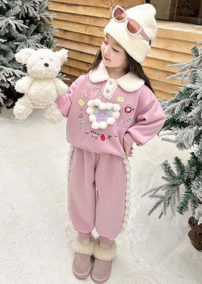 Pink Patchwork Warm Fleece Top and Lantern Pants Two Piece Set Winter