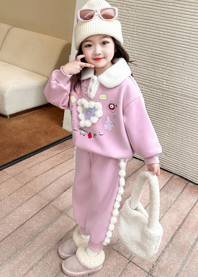 Pink Patchwork Warm Fleece Top and Lantern Pants Two Piece Set Winter