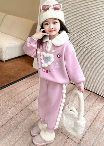Pink Patchwork Warm Fleece Top and Lantern Pants Two Piece Set Winter