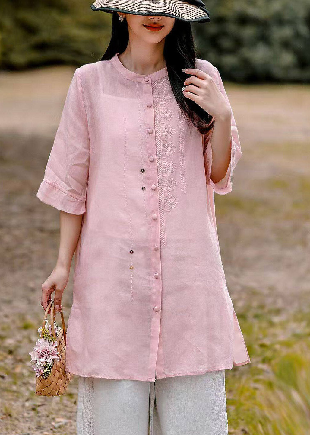 Pink Patchwork Side Open Long Linen Top Summer