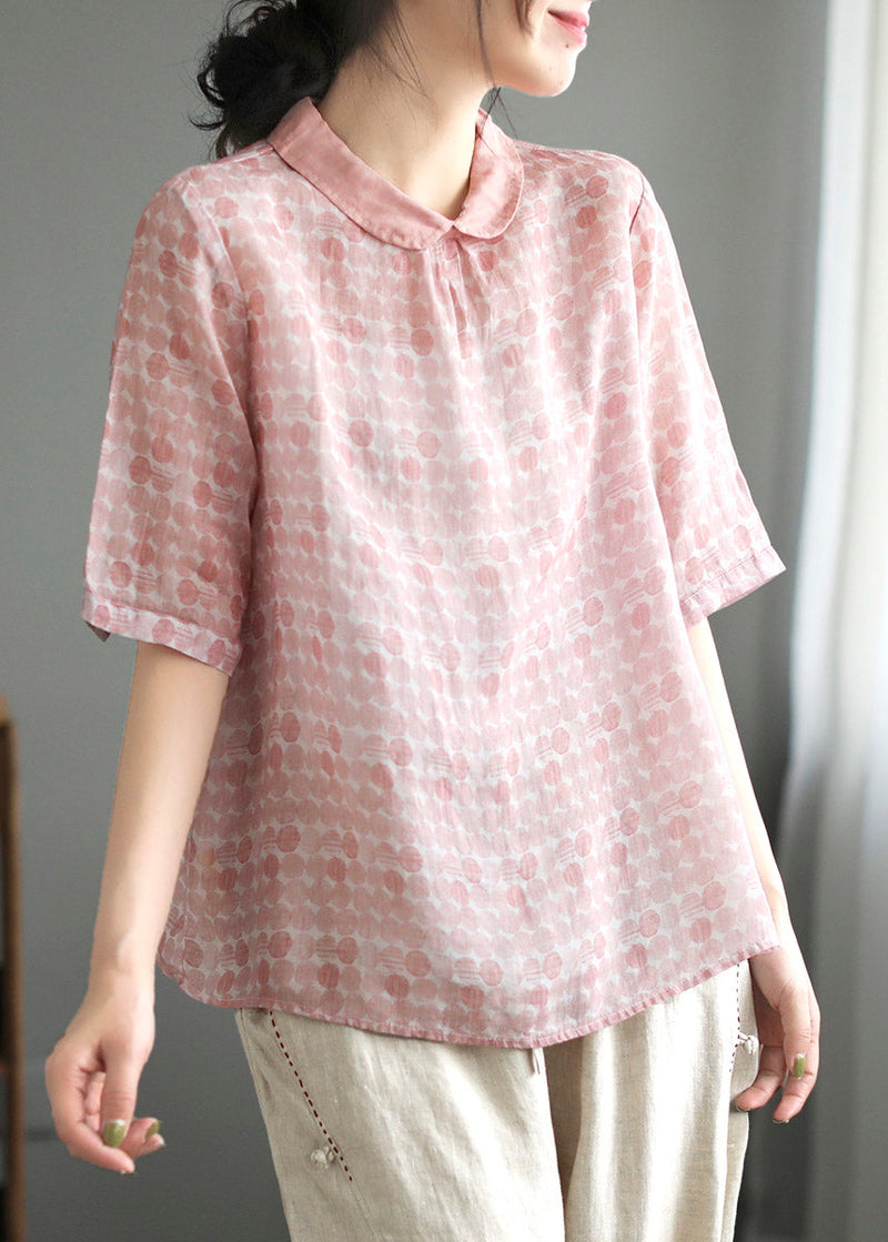 Pink Peter Pan Collar Dot Print Linen Tops Summer