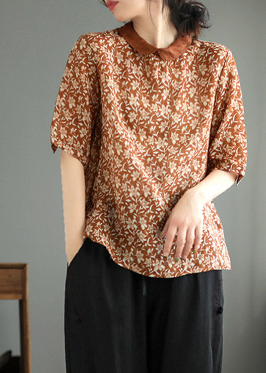 Pink Peter Pan Collar Dot Print Linen Tops Summer