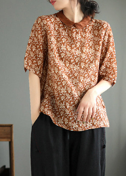 Pink Peter Pan Collar Dot Print Linen Tops Summer