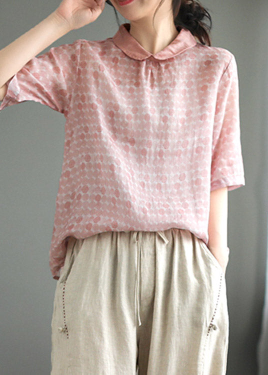 Pink Peter Pan Collar Dot Print Linen Tops Summer