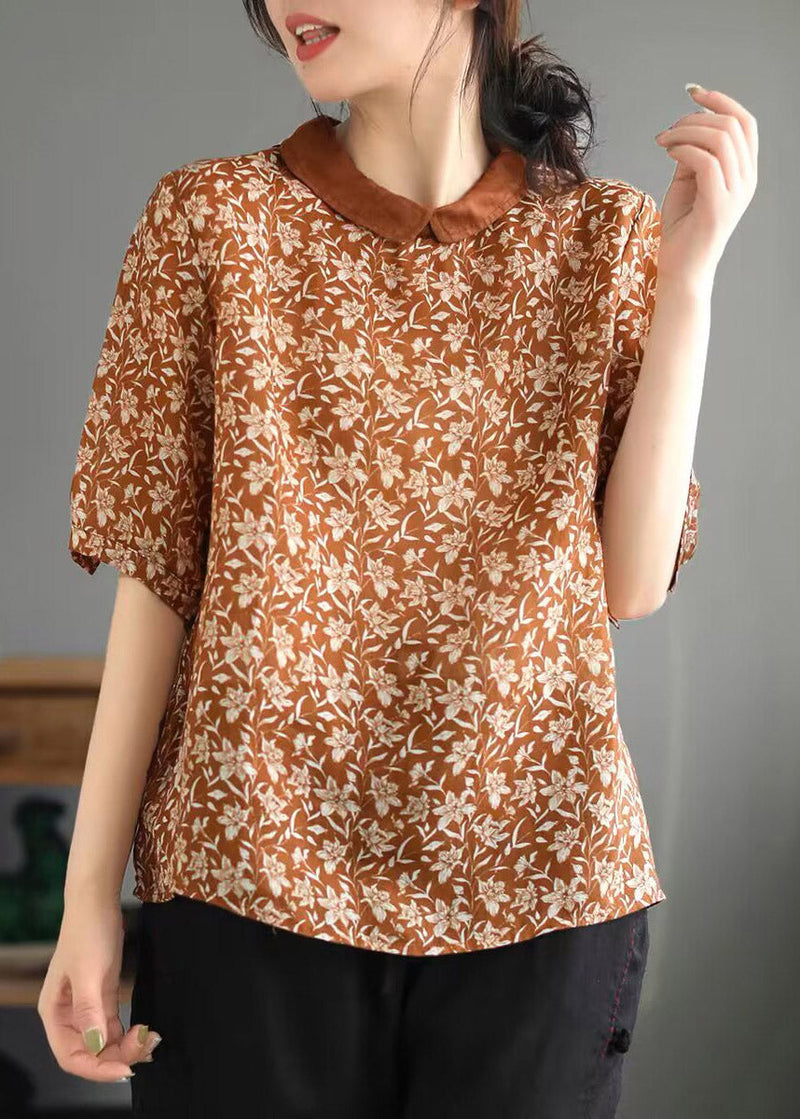 Pink Peter Pan Collar Dot Print Linen Tops Summer