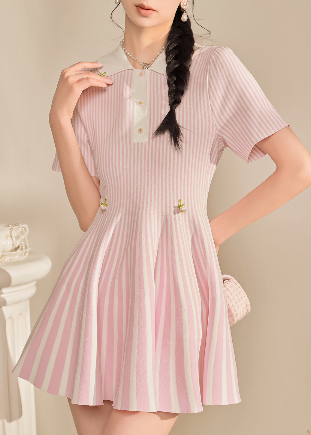 Pink Peter Pan Collar Striped Mid Dress Summer