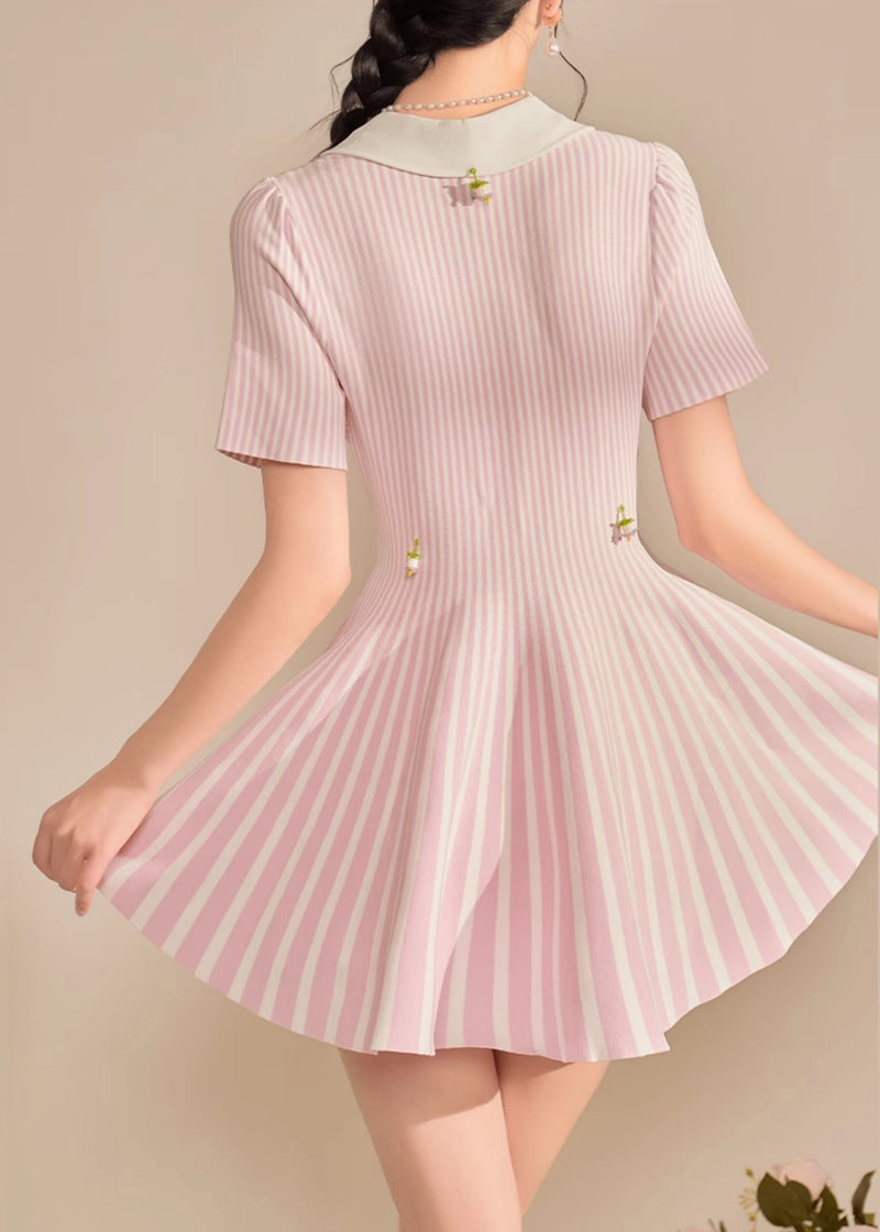 Pink Peter Pan Collar Striped Mid Dress Summer
