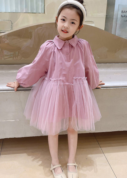 Pink Peter Pan Collar Tulle Patchwork Cotton Kids Dress Fall