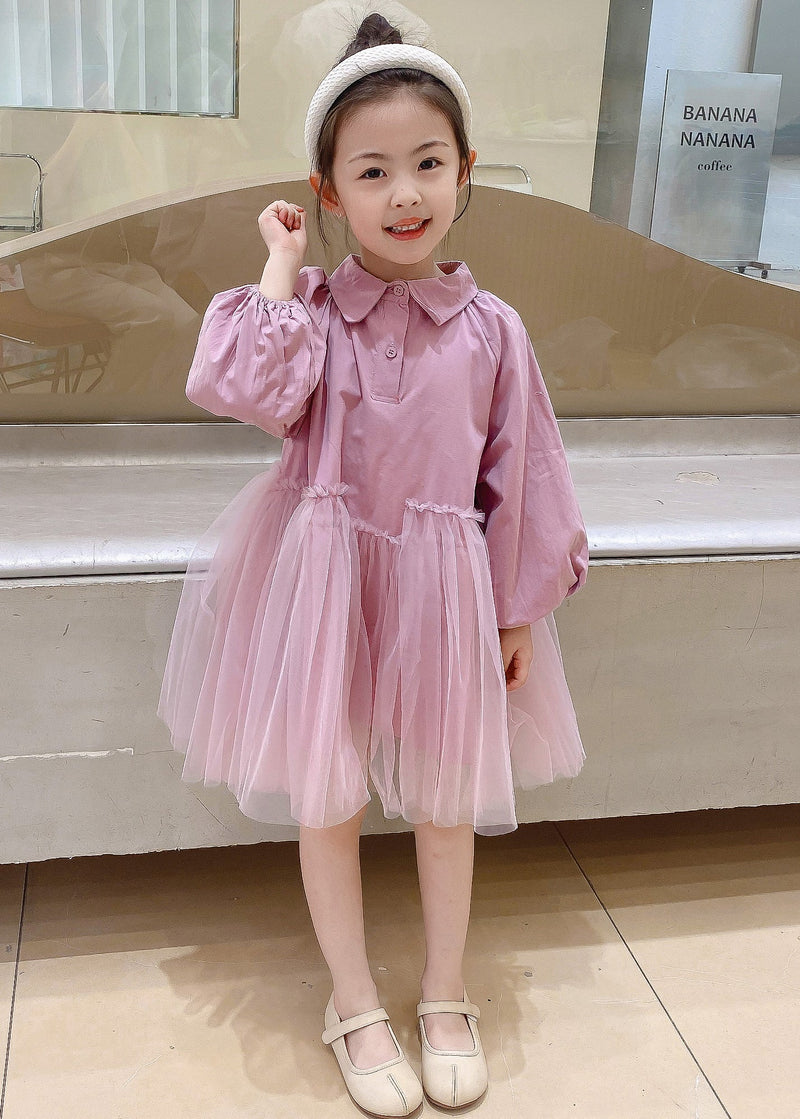 Pink Peter Pan Collar Tulle Patchwork Cotton Kids Dress Fall