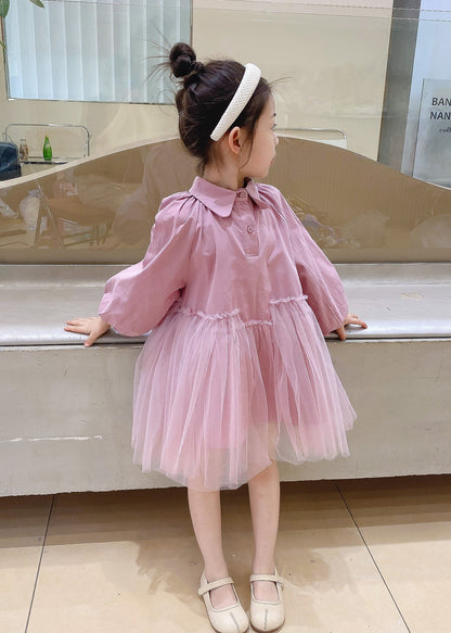 Pink Peter Pan Collar Tulle Patchwork Cotton Kids Dress Fall