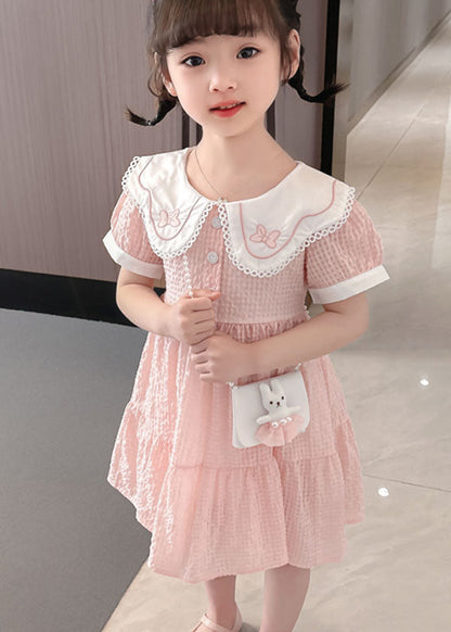Pink Peter Pan Collar Wrinkled Patchwork Cotton Baby Dress Summer