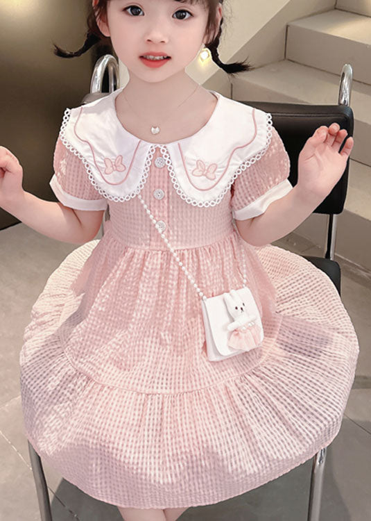 Pink Peter Pan Collar Wrinkled Patchwork Cotton Baby Dress Summer