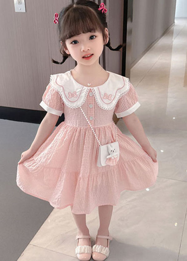 Pink Peter Pan Collar Wrinkled Patchwork Cotton Baby Dress Summer