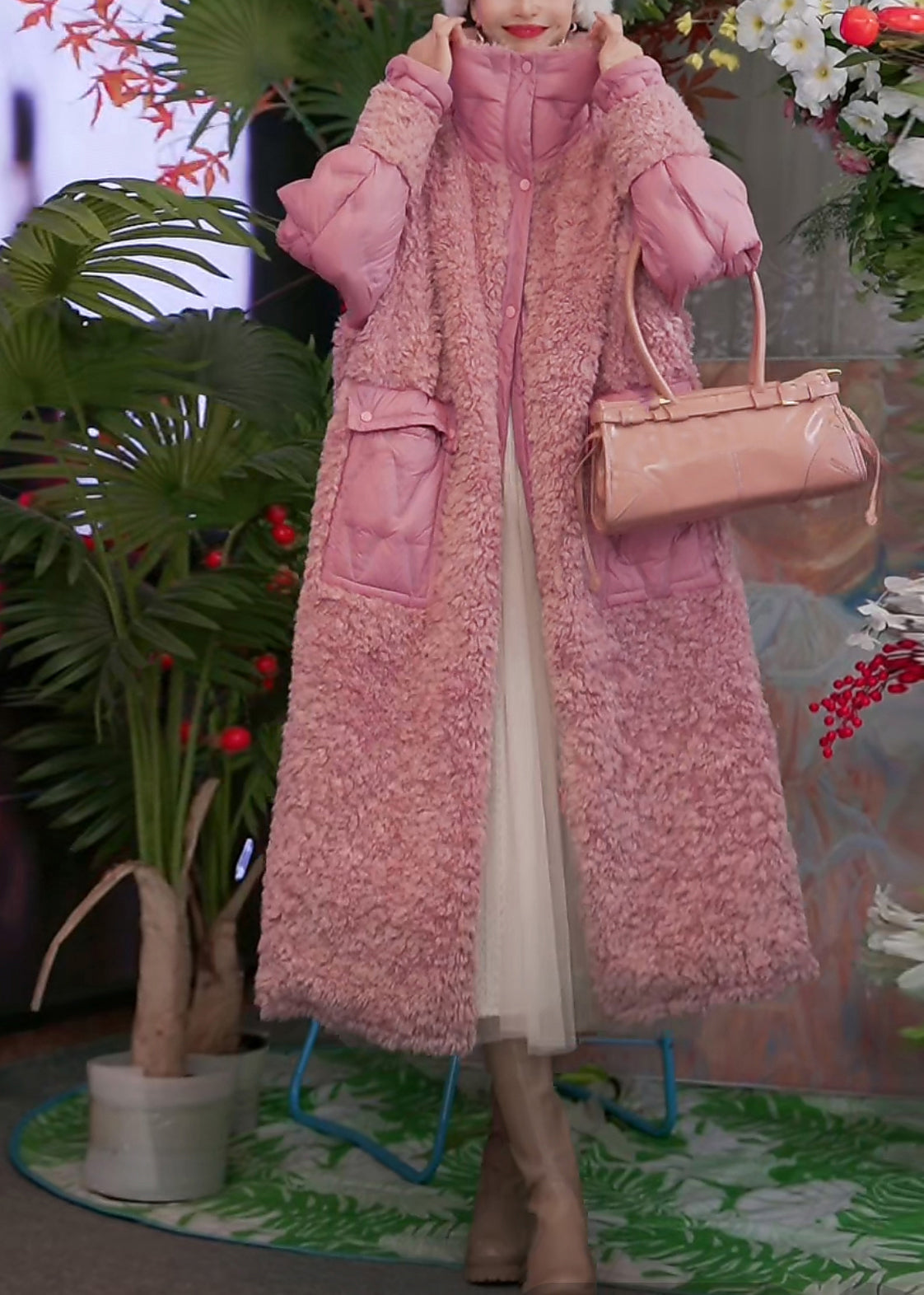 Pink Pockets Teddy Patchwork Long Parka Spring