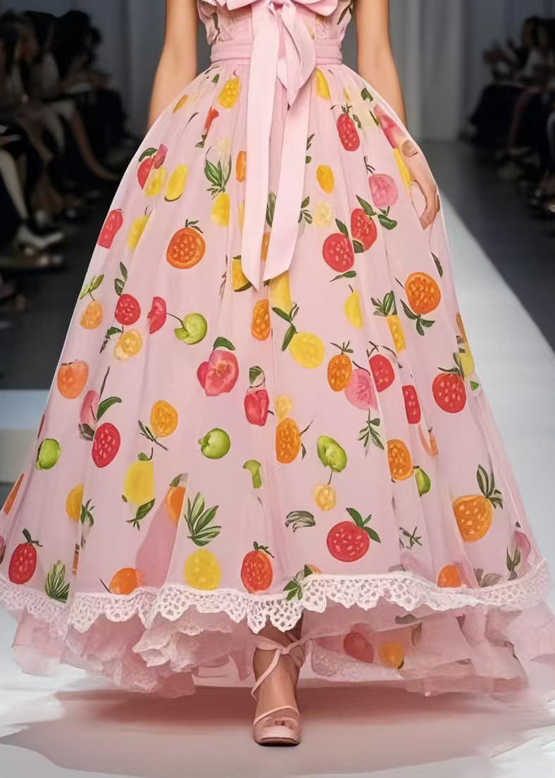 Pink Print Bow Exra Large Hem Chiffon Party Dress Sleeveless
