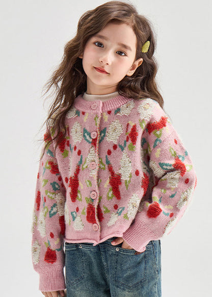 Pink Print Button Warm Cotton Knit Kids Cardigans Lantern Sleeve