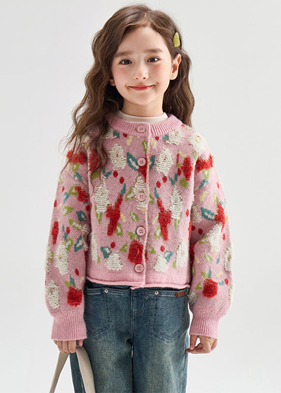 Pink Print Button Warm Cotton Knit Kids Cardigans Lantern Sleeve