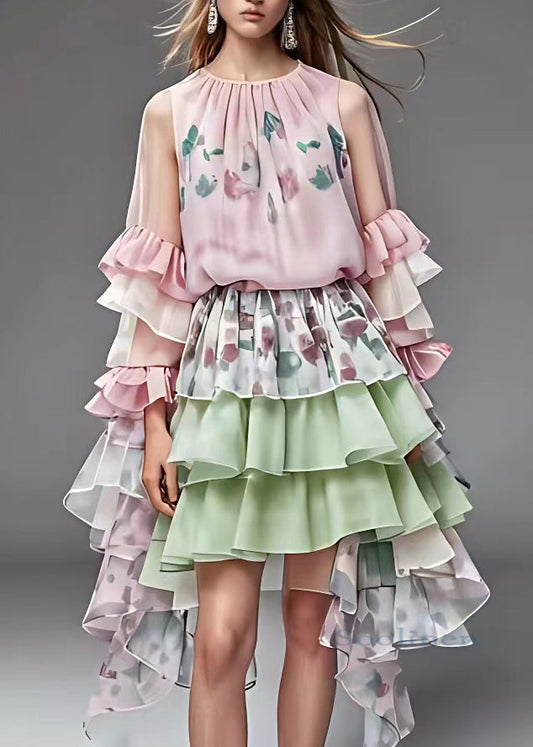 Pink Print Tulle Patchwork Holiday Chiffon Maxi Dress Fall