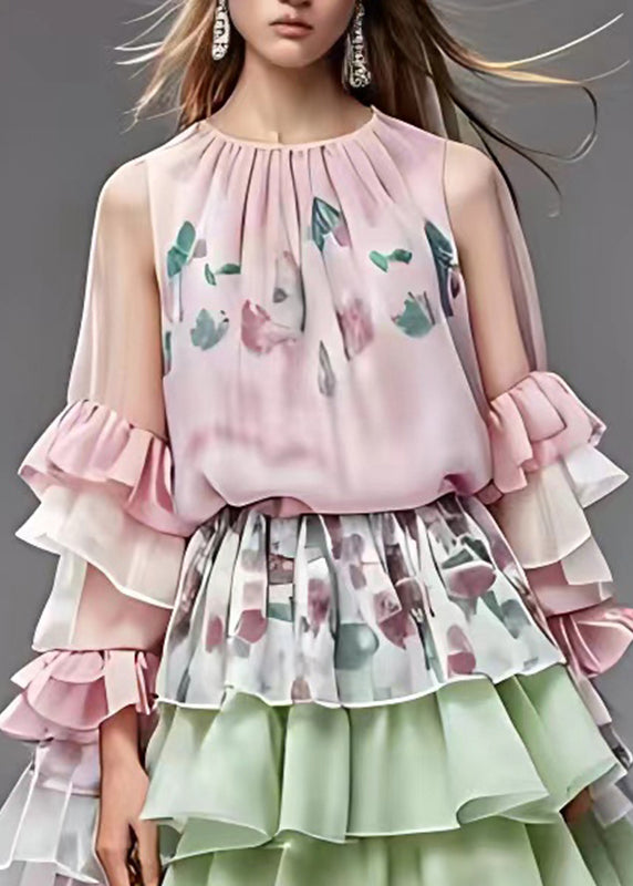 Pink Print Tulle Patchwork Holiday Chiffon Maxi Dress Fall