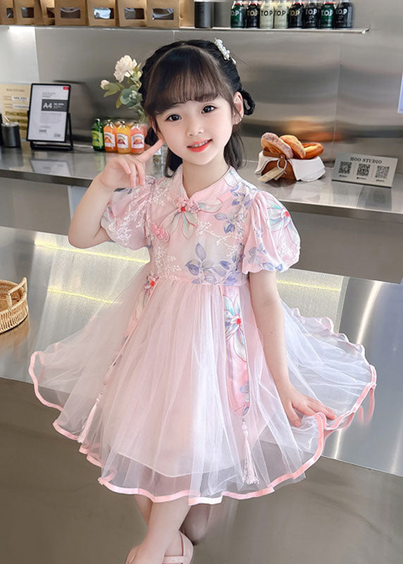 Pink Print Wrinkled Patchwork Tulle Kids Dresses Summer
