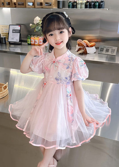 Pink Print Wrinkled Patchwork Tulle Kids Dresses Summer