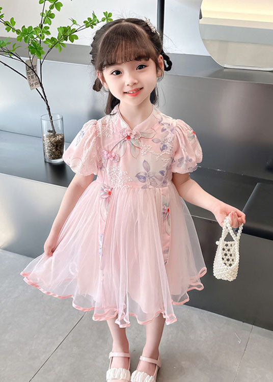 Pink Print Wrinkled Patchwork Tulle Kids Dresses Summer