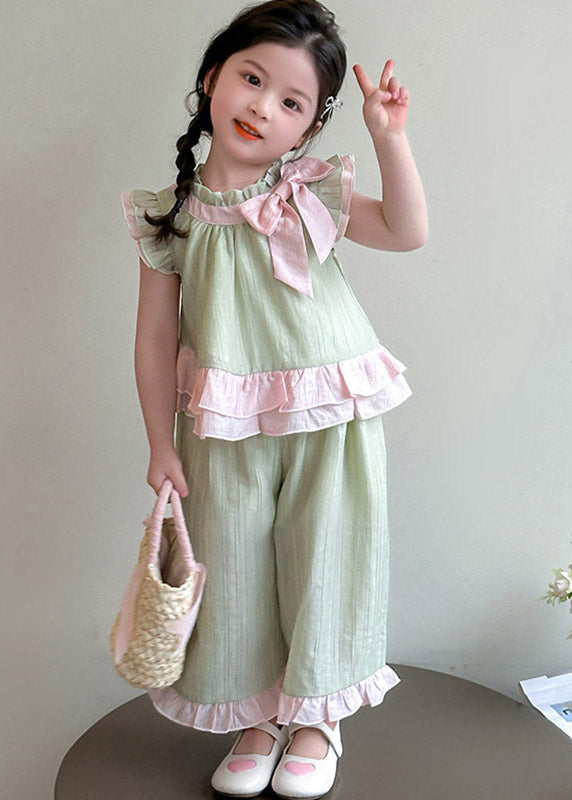 Pink Ruffled Bow Patchwork Kids Top and Wide Leg Pants Two Pieces Set Short Sleeve