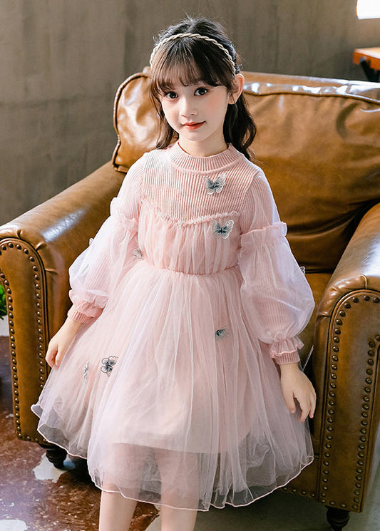 Pink Ruffled Butterfly Patchwork Tulle Kids Dresses Fall