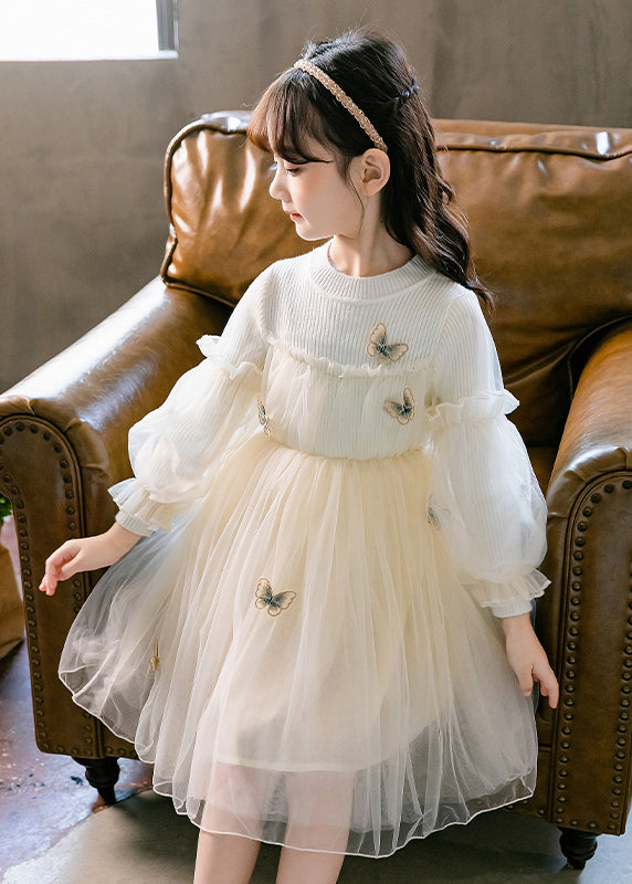 Pink Ruffled Butterfly Patchwork Tulle Kids Dresses Fall