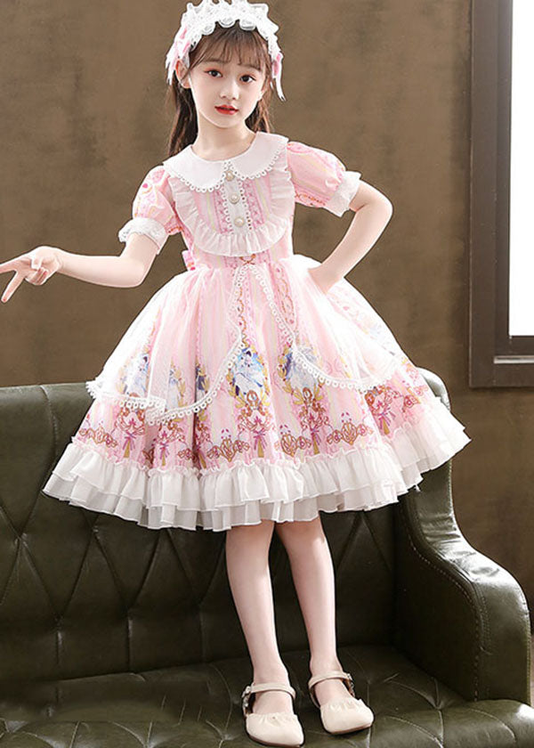 Pink Ruffled Cartoon Print Patchwork Chiffon Kids Princess Dress Summer
