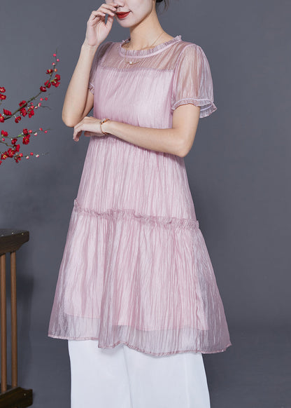 Pink Ruffled Patchwork Silk a Line Dress Summer