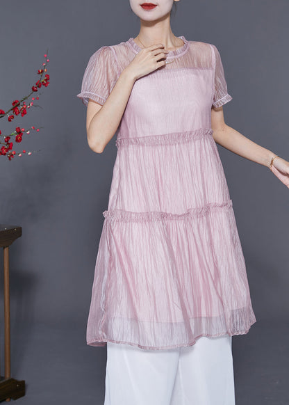 Pink Ruffled Patchwork Silk a Line Dress Summer